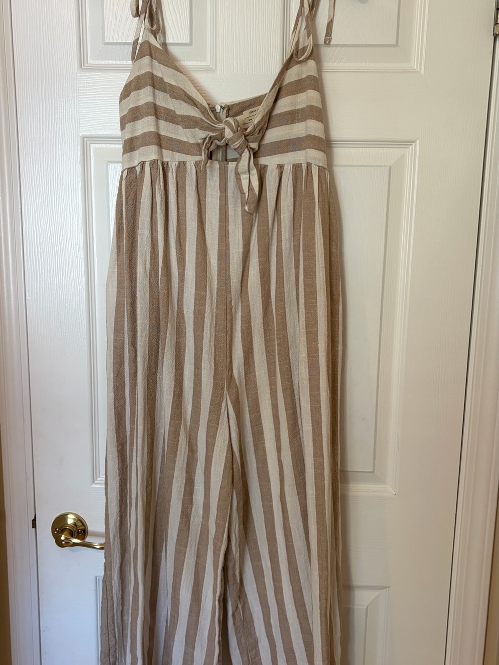 Urban Outfitters Beige and Cream Striped Tie-Front Wide-Leg Jumpsuit
